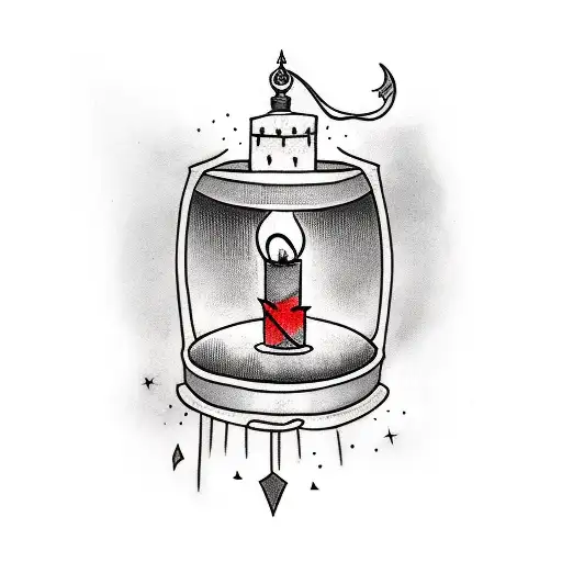 a dark themed lantern with a candle inside and black lines involving  tattoo design idea