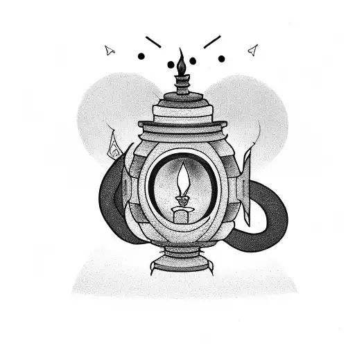 a dark themed lantern with a candle inside and black lines involving  tattoo design idea