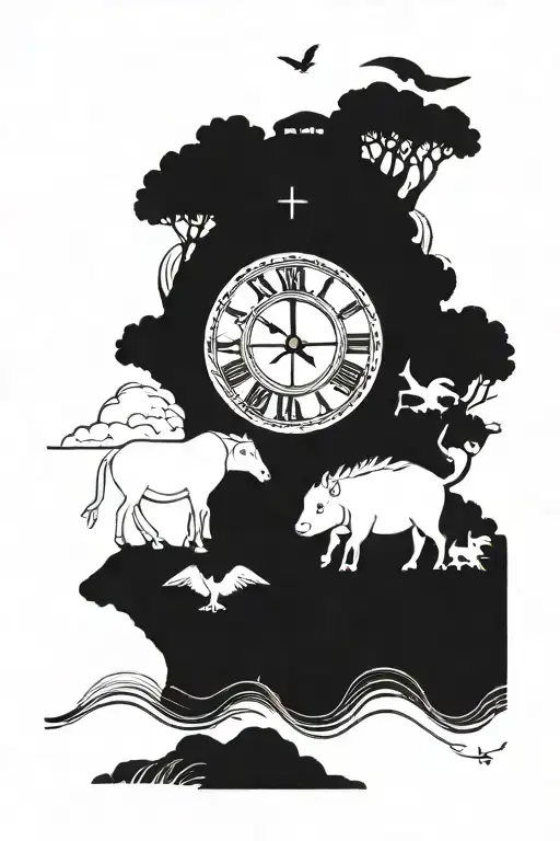 noahs ark scene with clockface at 2.47 and date of 18th July 2023 mentioned  tattoo design idea