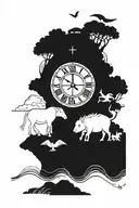 noahs ark scene with clockface at 2.47 and date of 18th July 2023 mentioned  tattoo design idea