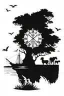 noahs ark scene with clockface at 2.47 and date of 18th July 2023 mentioned  tattoo design idea