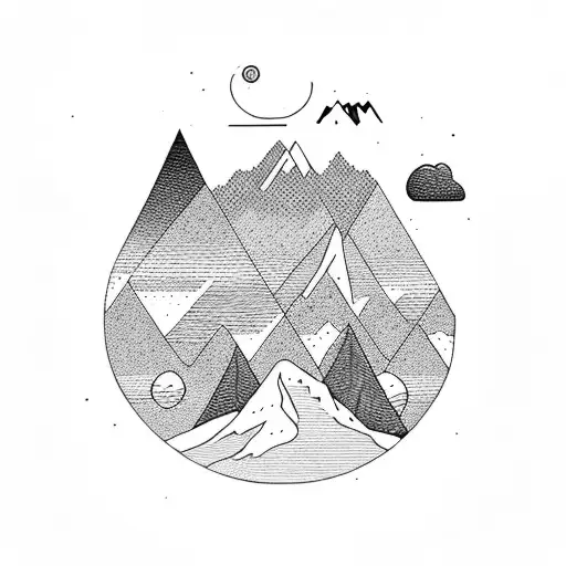 A majestic mountain range with a winding hiking trail surrounded by lush greenery tattoo design idea