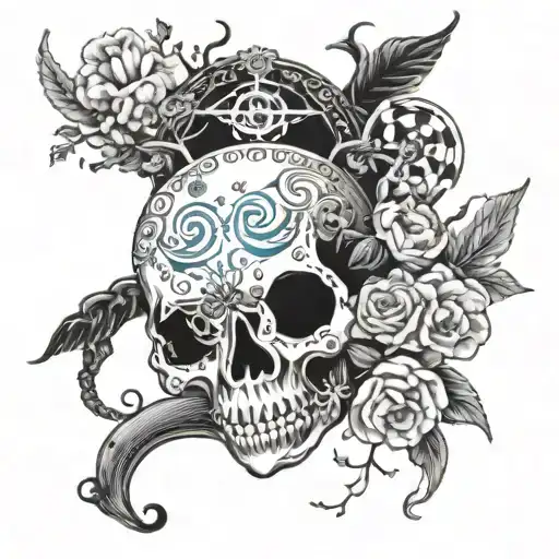 Mermaid wear ram skull mask, Carnation, snow drop flower, Daisy, sweetpea flower, saturn, mars, compass, anchor, compass tattoo design idea