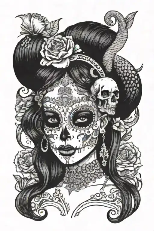 Mermaid wearing ram skull mask carnation flower headband tattoo design idea