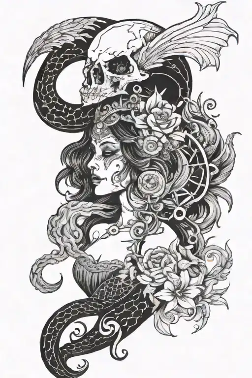 saturn, carnation flower, ram skull mask on woman with mermaid tail, anchor, capriocorn, fire, earth, mars and compass tattoo design idea
