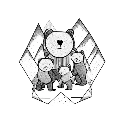 family of 5 bears in a mountain range tattoo design idea