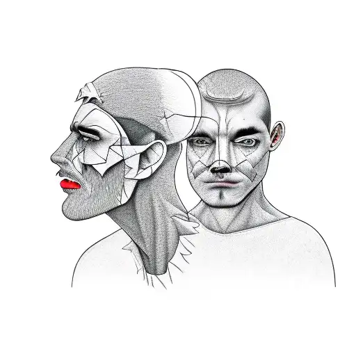 Man with his face divided in two, one is a normal man, the other half is a monster tattoo design idea