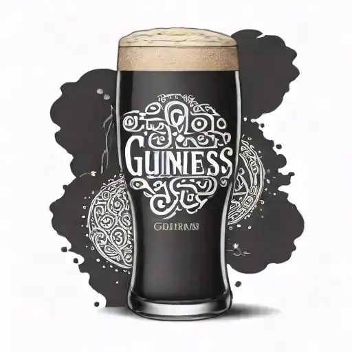 A stylized Guinness pint glass with the names of family members written in a Celtic font around it tattoo design idea