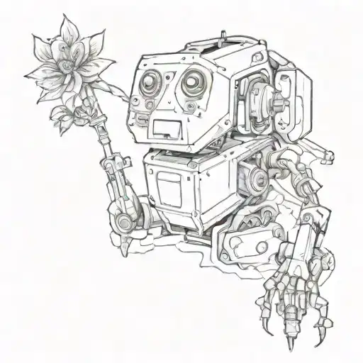 a very sad, broken robot with a beautiful flower growing out if its broken head's antenna sitting down on the floor tattoo design idea