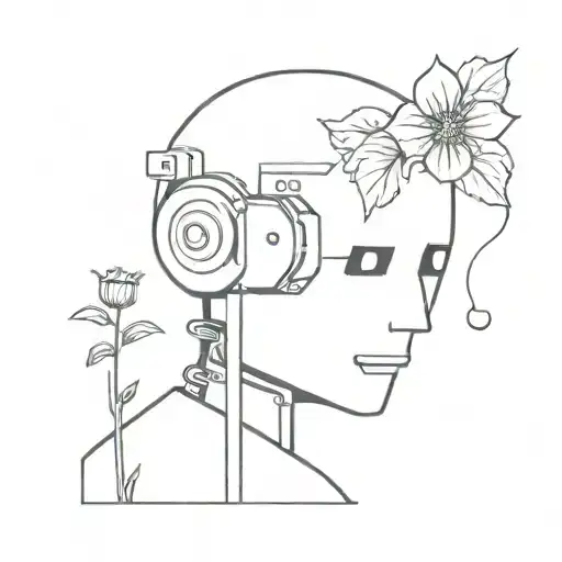 a very sad, broken robot with a flower growing out if its broken head's antenna sitting down on the floor tattoo design idea