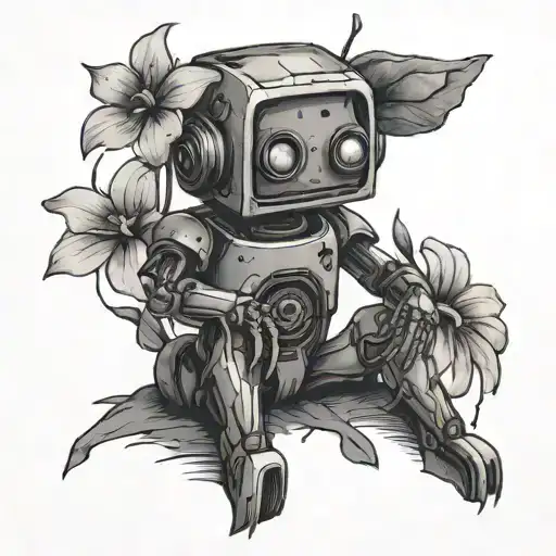 sad and broken robot with a flower growing out of its head sitting down on the floor tattoo design idea