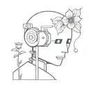 a very sad, broken robot with a flower growing out if its broken head's antenna sitting down on the floor tattoo design idea