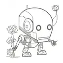 a very sad, broken robot with a flower growing out if its broken head's antenna sitting down on the floor tattoo design idea