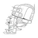 a very sad, broken robot with a flower growing out if its broken head's antenna sitting down on the floor tattoo design idea