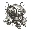 a very sad, broken robot with a flower growing out if its broken head's antenna sitting down on the floor tattoo design idea