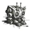 a very sad, broken robot with a flower growing out if its broken head's antenna sitting down on the floor tattoo design idea