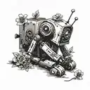 a very sad, broken robot with a flower growing out if its broken head's antenna sitting down on the floor tattoo design idea