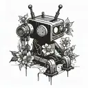 a very sad, broken robot with a flower growing out if its broken head's antenna sitting down on the floor tattoo design idea