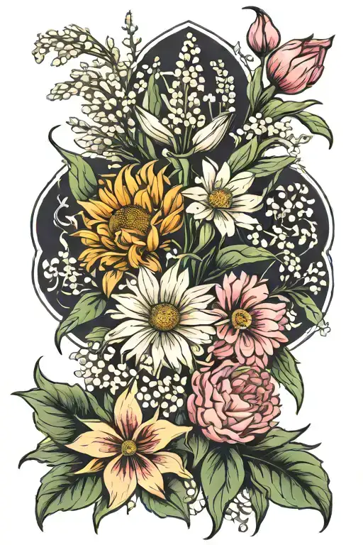 bouquet, birth flower, daisy, carnation, lily of valley, chrysanthemum  tattoo design idea