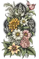 bouquet, birth flower, daisy, carnation, lily of valley, chrysanthemum  tattoo design idea