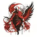 scary archangel Lucifer controls and leads a creepy jester in a red cap with bells tattoo design idea