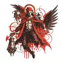 scary archangel Lucifer controls and leads a creepy jester in a red cap with bells tattoo design idea