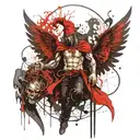 scary archangel Lucifer controls and leads a creepy jester in a red cap with bells tattoo design idea