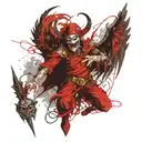 scary archangel Lucifer controls and leads a creepy jester in a red cap with bells tattoo design idea