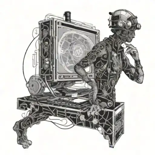 A dotwork tattoo of a seaman exploring a mysterious digital realm inside a computer, with intricate patterns resembling circuitry and technology merging with nautical elements tattoo design idea