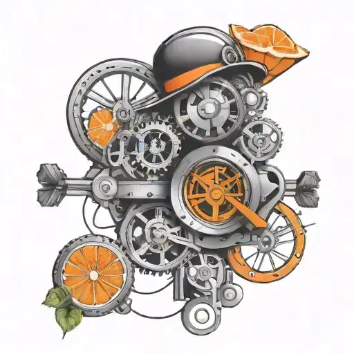A tattoo inspired by the movie 'Clockwork Orange' featuring a clockwork mechanism intertwined with orange slices tattoo design idea