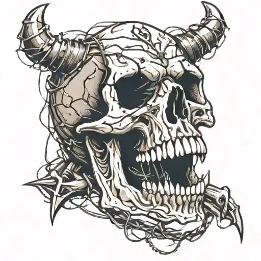 a skull with fangs wraped in barb wire tattoo design idea
