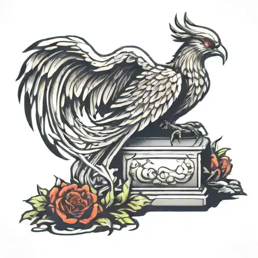a phoenix sitting on a grave stone in a graveyard tattoo design idea