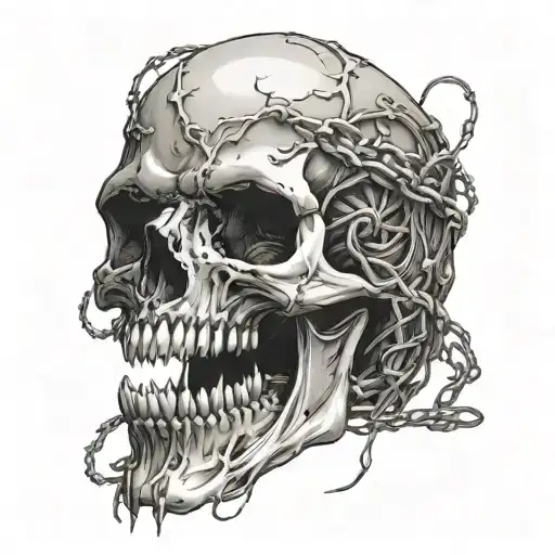 a skull with fangs wraped in barb wire tattoo design idea