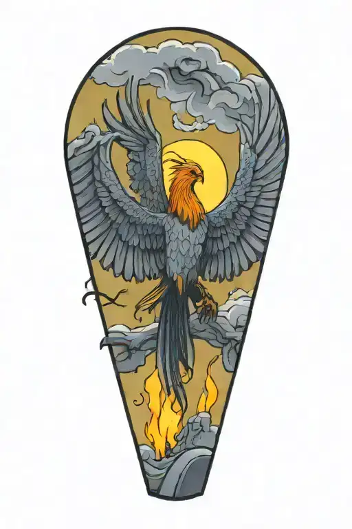 a phoenix sitting on a grave stone in a graveyard filled tattoo design idea