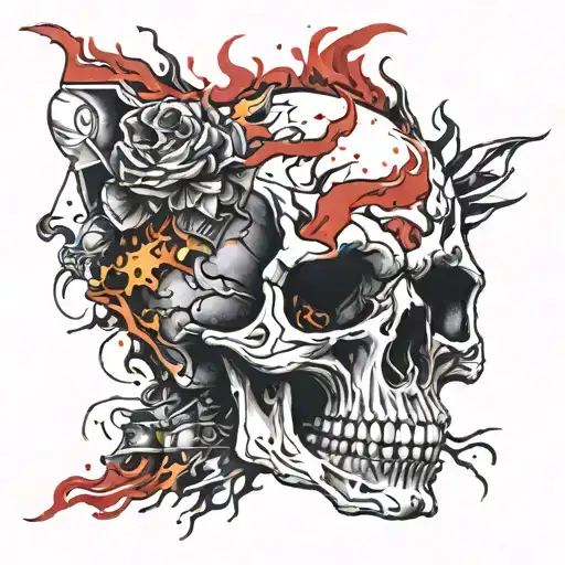 realistic skull wrapped in flames left arm tattoo design idea