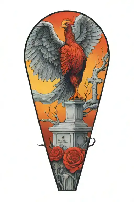 a phoenix sitting on a grave stone in a graveyard filled tattoo design idea