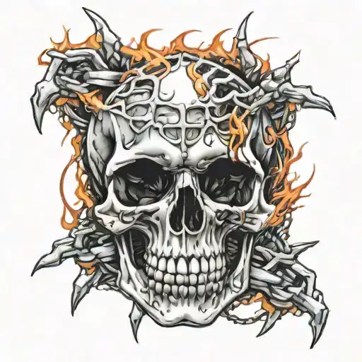 skull with fangs wrapped in barb wire and  flames in the background  tattoo design idea
