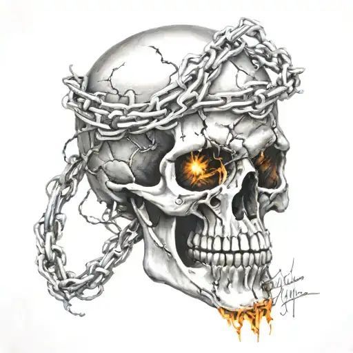 skull with fangs wrapped in barb wire flames in the background  tattoo design idea