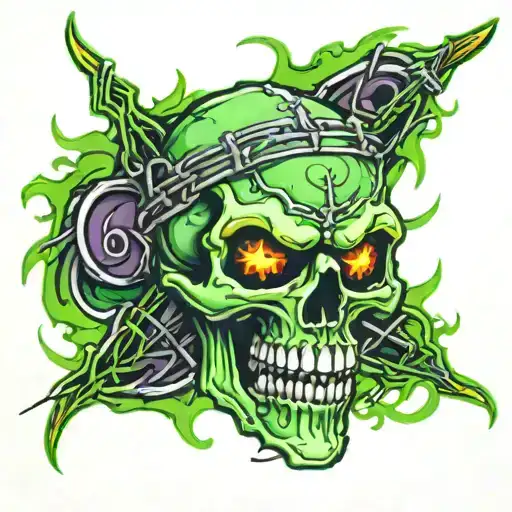 skull with fangs wrapped in barb wire and  green and pupple flames in the background  tattoo design idea