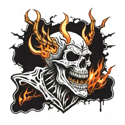 skull with fangs wrapped in barb wire and  flames in the background  tattoo design idea