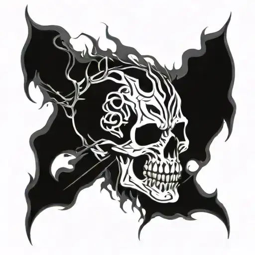 skull with fangs wrapped in barb wire and  flames in the background  tattoo design idea