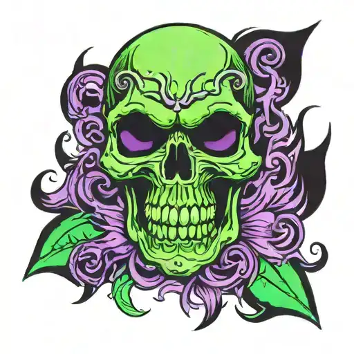 skull with fangs and green and purple flames in the background  tattoo design idea