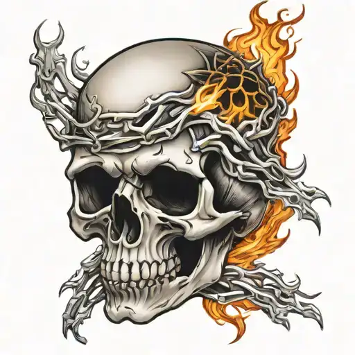 realistic skull wrapped in flames left arm tattoo design idea
