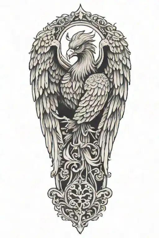a phoenix sitting on a grave stone in a graveyard tattoo design idea
