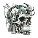 a skull with fangs wraped in barb wire tattoo design idea