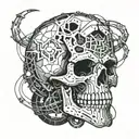 a skull with fangs wraped in barb wire tattoo design idea