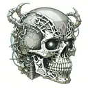 a skull with fangs wraped in barb wire tattoo design idea