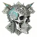 a skull with fangs wraped in barb wire tattoo design idea