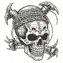 a skull with fangs wraped in barb wire tattoo design idea