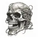 a skull with fangs wraped in barb wire tattoo design idea